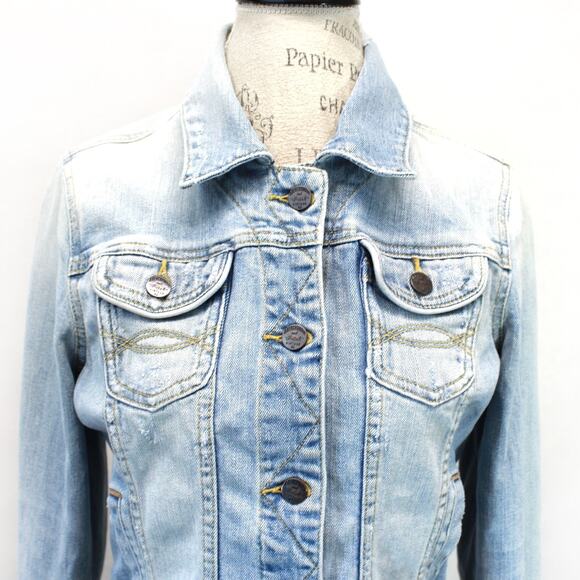 Abercrombie & Fitch Denim Jacket Y2K Button Pocket Destressing Cropped Large - Picture 3 of 7